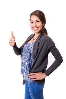 Beautiful young woman signaling ok, isolated over white