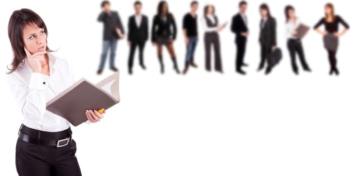 Business woman posing, with people in background
