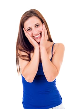 Surprised young woman isolated over white background