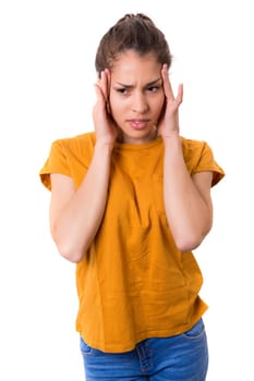 Young student tired of studying for the final exams, isolated over a white background