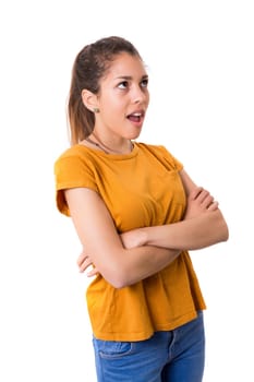 Surprised young woman isolated over white background