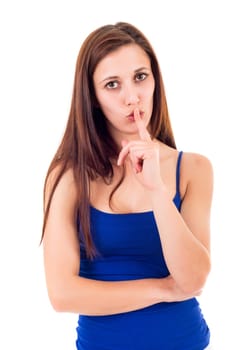 Beautiful young woman asking for silence isolated