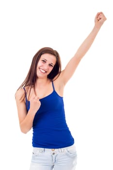 Studio shot: Happy woman with raised arms