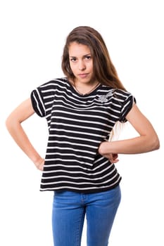 Young woman mad at you, isolated over white