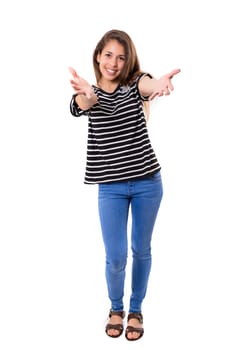 Studio shot of a beautiful woman offering a hug