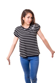 Woman with open hands asking sorry, isolated