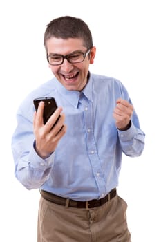 Young man at the phone, isolated over white background