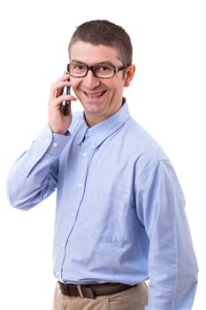 Young man at the phone, isolated over white background