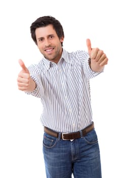 Handsome young man signaling ok, isolated over a white background