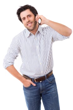 Young man at the phone, isolated over white background
