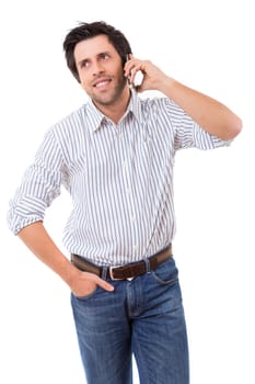 Young man at the phone, isolated over white background