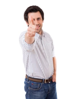 Handsome young man signaling ok, isolated over a white background