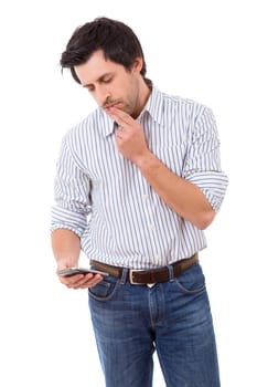 Young man at the phone, isolated over white background