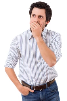Studio picture of a pensive young man, isolated over white