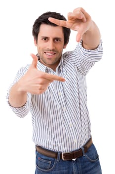 Happy young man framing photography, isolated over white