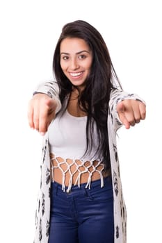 Young beautiful woman pointing at you, isolated over white