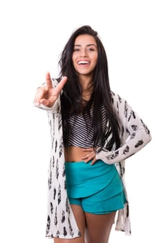 Beautiful young woman signaling ok, isolated over white