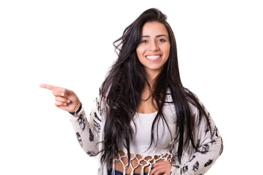 Young beautiful woman presenting your product, isolated over white background