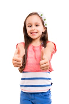 Small girl showing thumbs up, isolated over white background