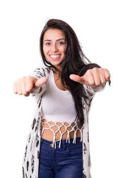 Beautiful young woman signaling ok, isolated over white