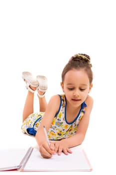 Young girl making some draws - isolated over white