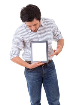 Happy young man presenting your product in a tablet computer