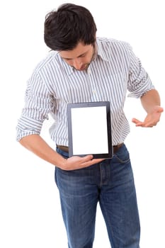 Happy young man presenting your product in a tablet computer