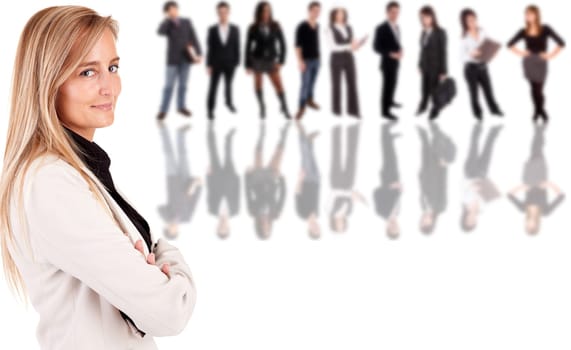 Beautiful business woman posing with group of people in the back