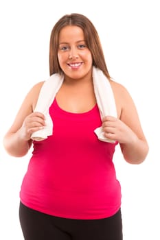 Beautiful large woman exercising - isolated over a white background