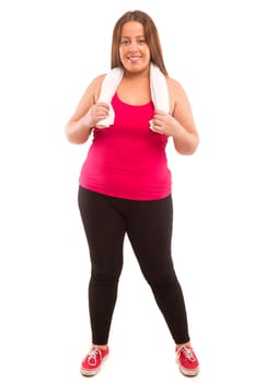 Beautiful large woman exercising - isolated over a white background