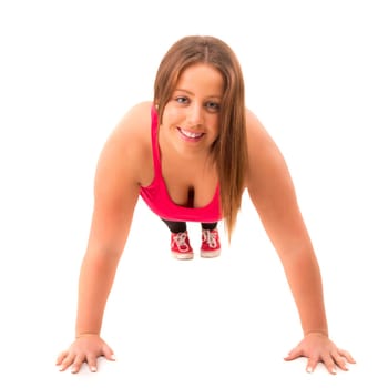 Beautiful large woman exercising - isolated over a white background