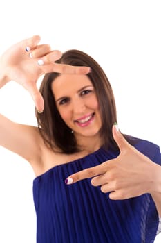 Young woman making framing key gesture - isolated over white