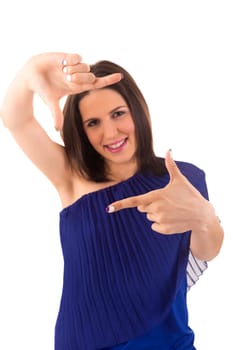 Young woman making framing key gesture - isolated over white