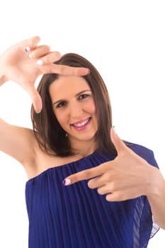Young woman making framing key gesture - isolated over white