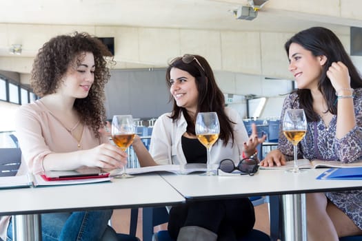 Group of happy students preparing their exams or simply relaxing at a bar