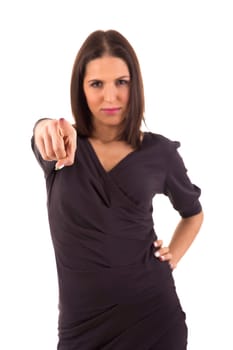 Young beautiful woman pointing at you, isolated over white