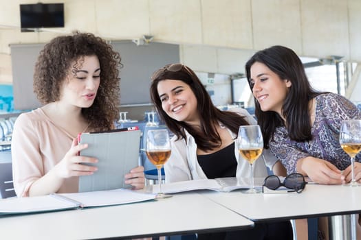 Group of happy students preparing their exams or simply relaxing at a bar
