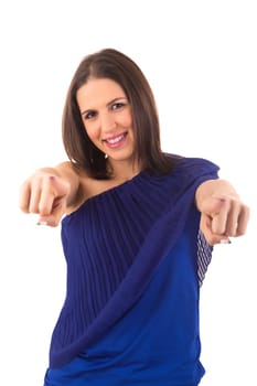 Young beautiful woman pointing at you, isolated over white