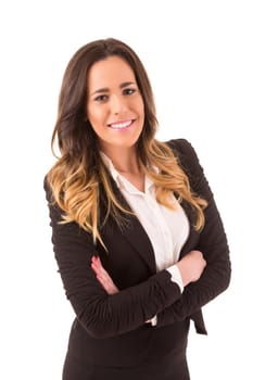 Beautiful young business woman posing isolated over white