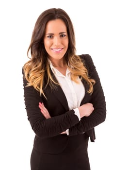 Beautiful young business woman posing isolated over white