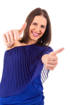 Very beautiful young woman signaling ok, isolated over white