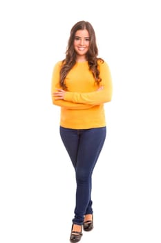 Young student woman posing over white background