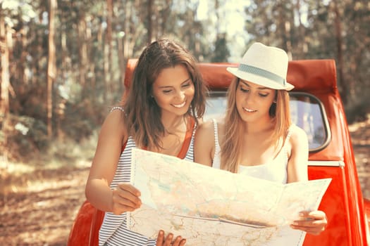 Group of friends on a roadtrip through countryside