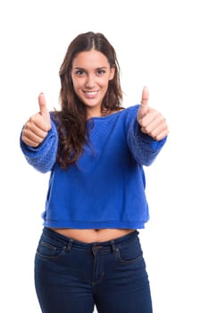 Beautiful young woman signaling ok, isolated over white