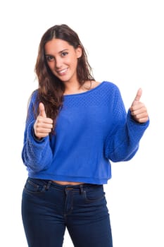 Beautiful young woman signaling ok, isolated over white
