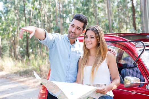Young couple on roadtrip through countryside