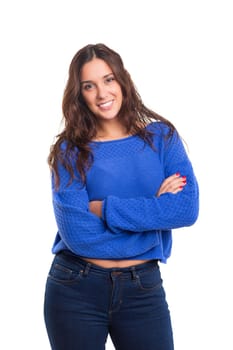 Beautiful young casual woman posing isolated over white