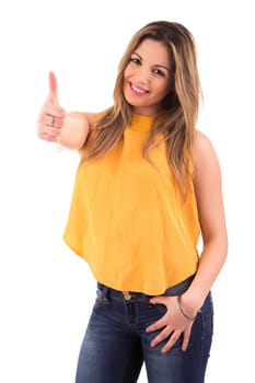 Very beautiful young woman signaling ok, isolated over white