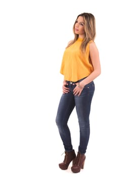 Young student woman posing over white background