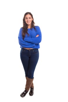 Beautiful young casual woman posing isolated over white